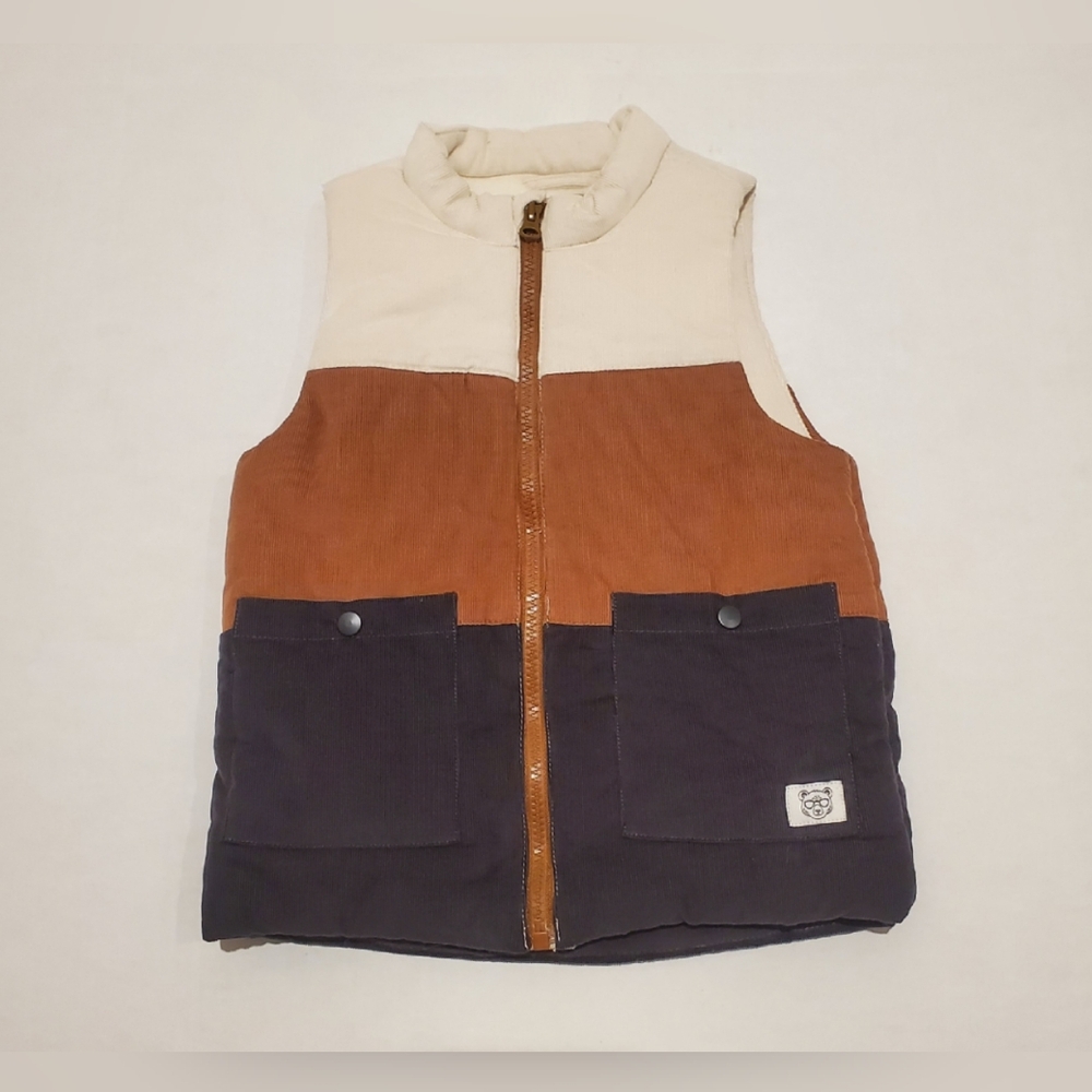 Telluride Clothing Company Colorblock Corduroy Puffer Vest Sz 4T Crm/Brn/Blk